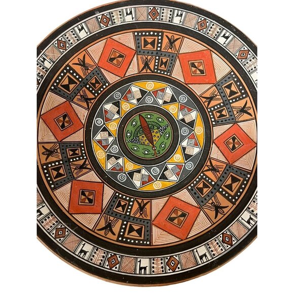 Vintage Pisac Cusco Peru Folk Art Redware Clay Hand Painted Plate 9" Aztec Maya - Picture 4 of 8